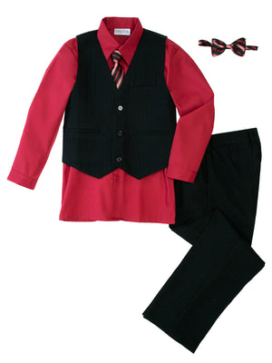 Boys' Red 5-Piece Pinstripe Vest Set with Necktie & Bowtie
