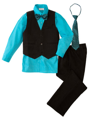Boys' Turquoise 5-Piece Pinstripe Vest Set with Necktie & Bowtie