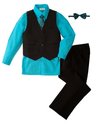 Boys' Turquoise 5-Piece Pinstripe Vest Set with Necktie & Bowtie