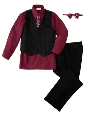 Boys' Burgundy 5-Piece Pinstripe Vest Set with Necktie & Bowtie