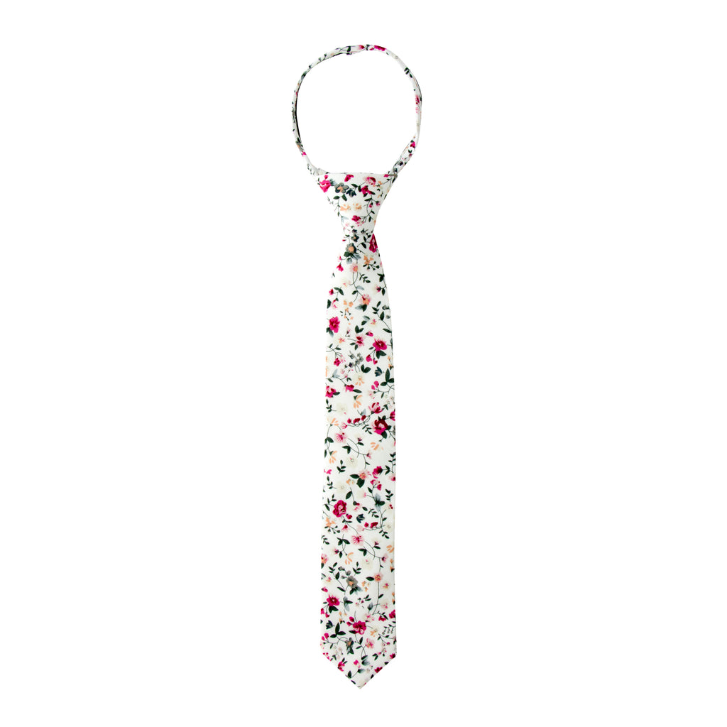 Boys' Cotton Floral Skinny Zipper Tie, White (Color F22)