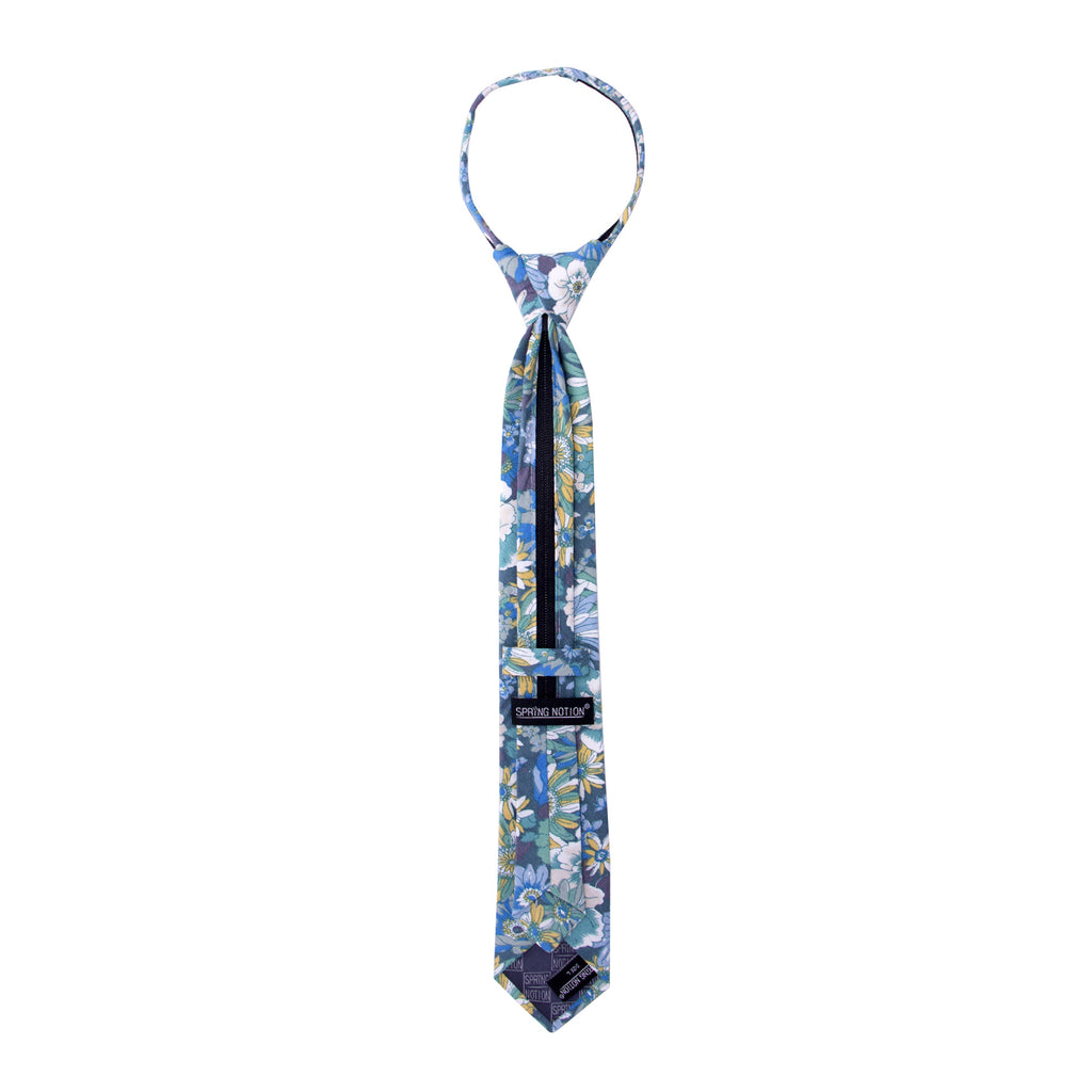 Boys' Cotton Floral Skinny Zipper Tie, Blue (Color F31)