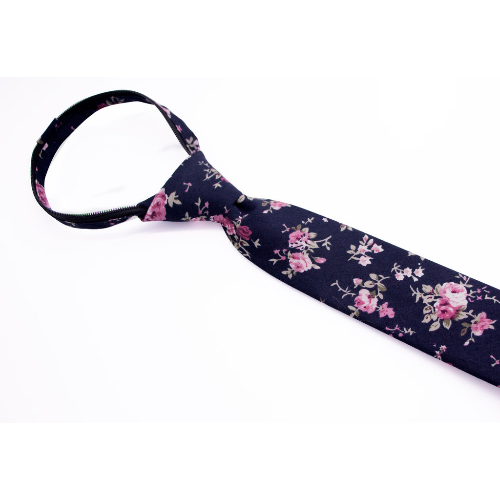Boys' Cotton Floral Skinny Zipper Tie, Black/Pink (Color F38)