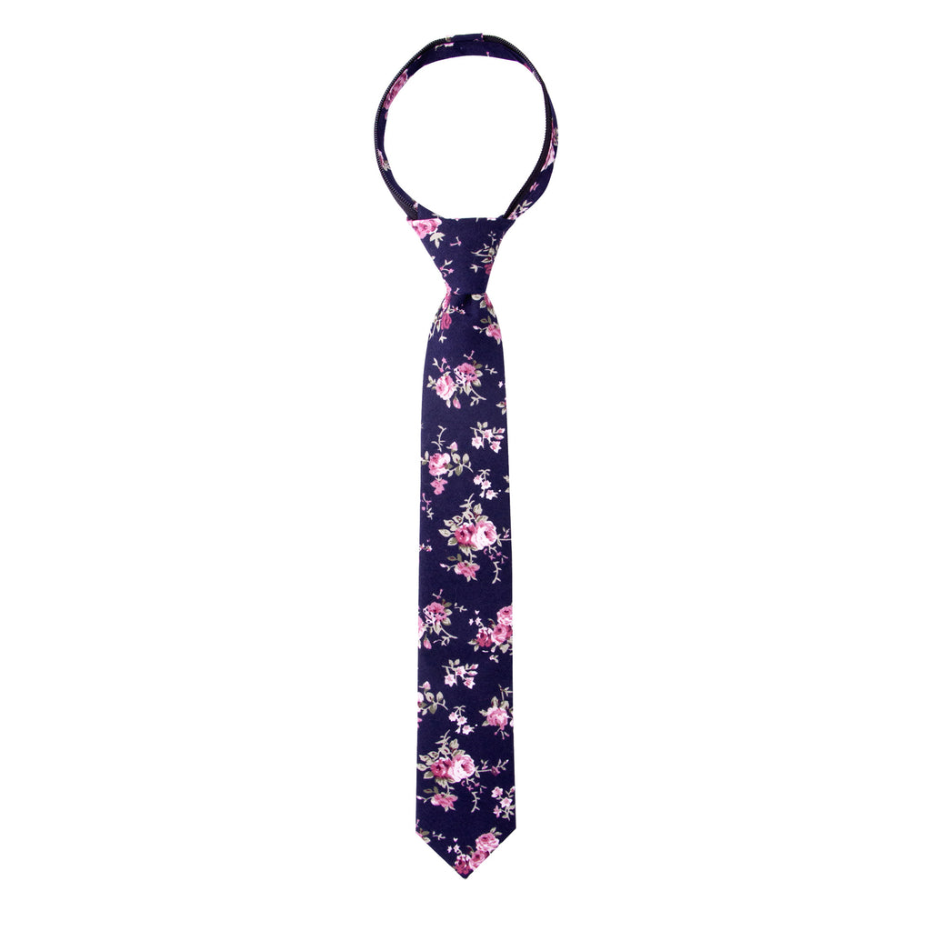 Boys' Cotton Floral Skinny Zipper Tie, Black/Pink (Color F38)