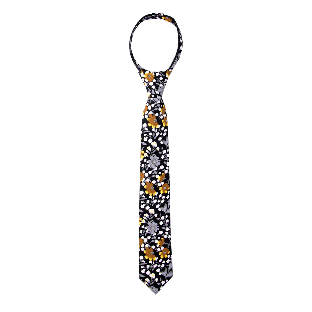 Boys' Cotton Floral Skinny Zipper Tie, Black/Mustard (Color F41)
