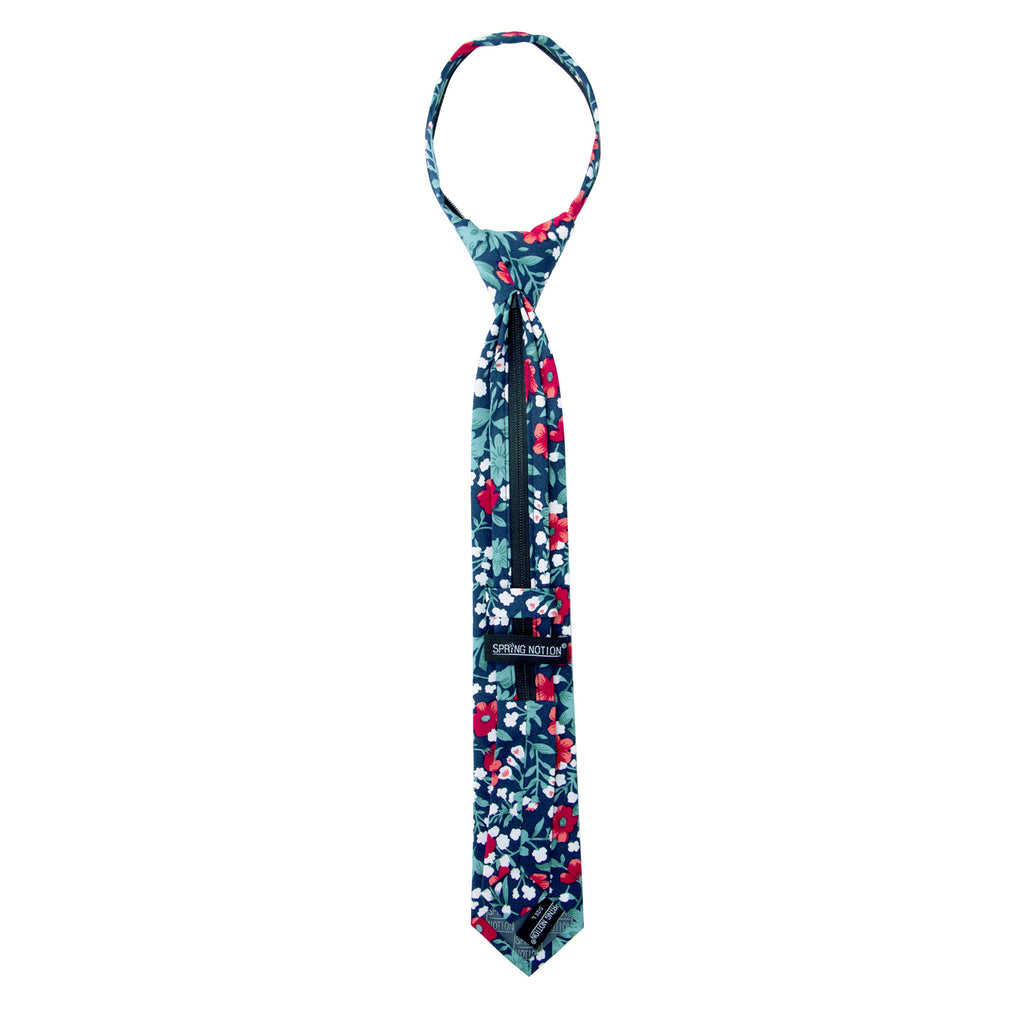 Boys' Cotton Floral Skinny Zipper Tie, Blue/Red (Color F42)