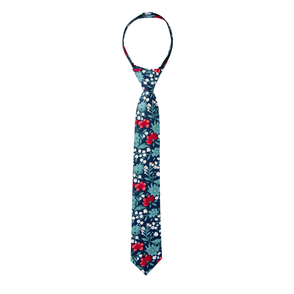 Boys' Cotton Floral Skinny Zipper Tie, Blue/Red (Color F42)