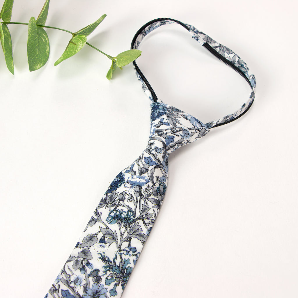 Boys' Cotton Floral Skinny Zipper Tie, Steel Blue (Color F54)
