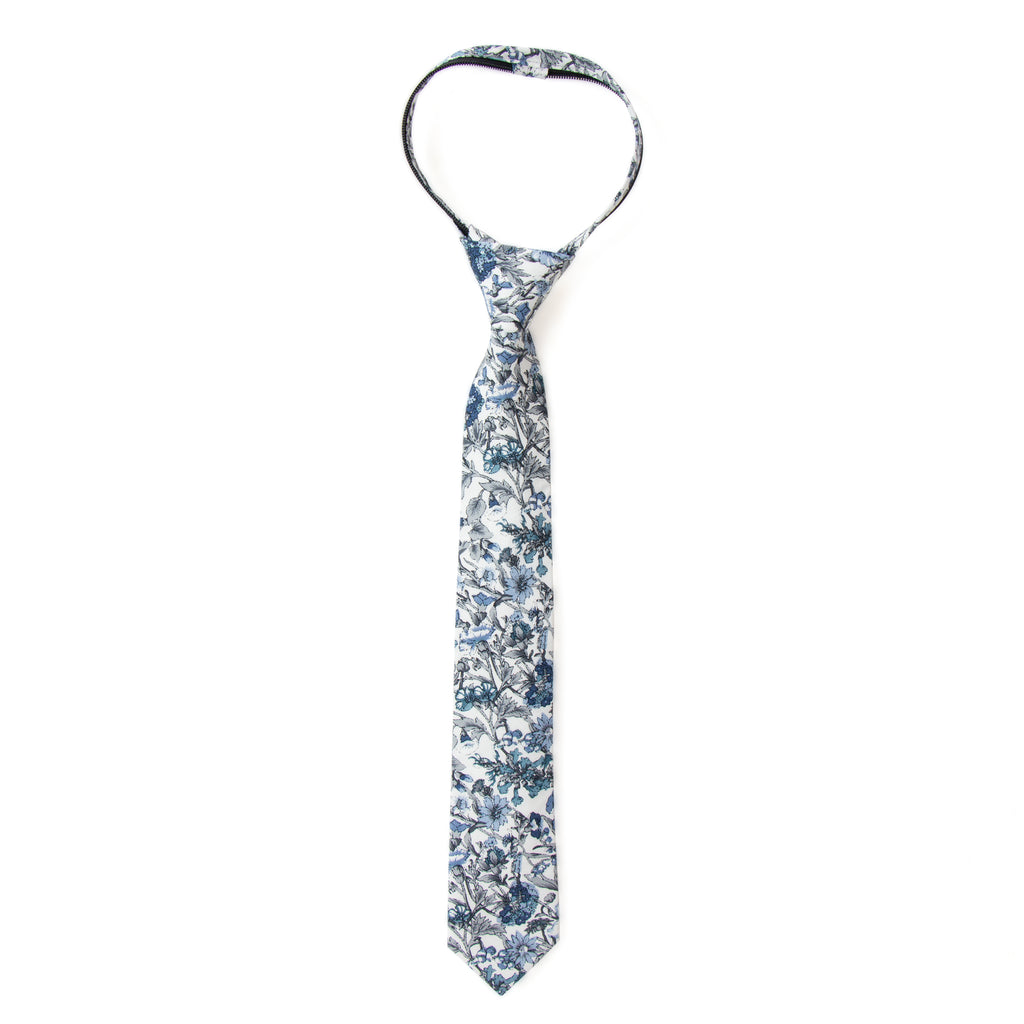 Boys' Cotton Floral Skinny Zipper Tie, Steel Blue (Color F54)