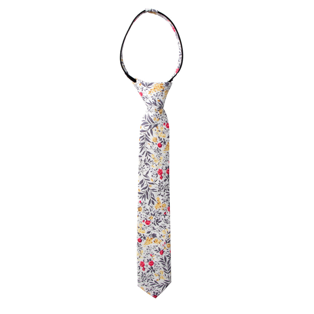 Boys' Cotton Floral Skinny Zipper Tie, Yellow Red Grey (Color F62)