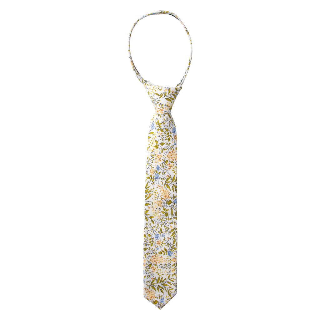 Boys' Cotton Floral Skinny Zipper Tie, Yellow Blue Green (Color F63)