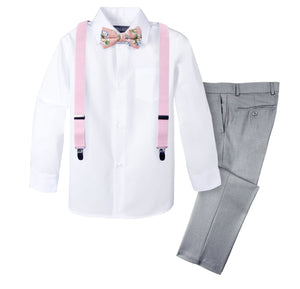 Boys' 4 Piece Suspenders Outfit with Floral Bow Tie, Light Grey/White/Light Pink/Light Pink 18