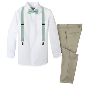 Boys' 4 Piece Suspenders Outfit, Tan-C/Linen Sage