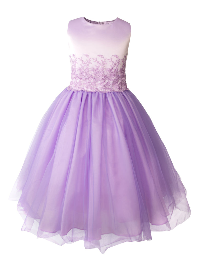 Girls' Satin Sleveless Lace Appliqué Tulle Dress