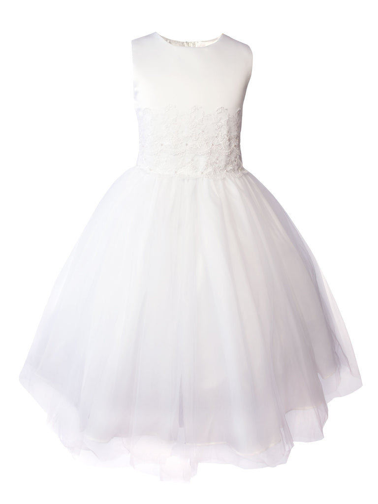 Girls' Satin Sleveless Lace Appliqué Tulle Dress
