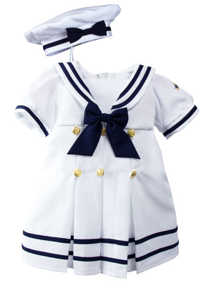 Girls' Nautical Sailor Dress with Hat White
