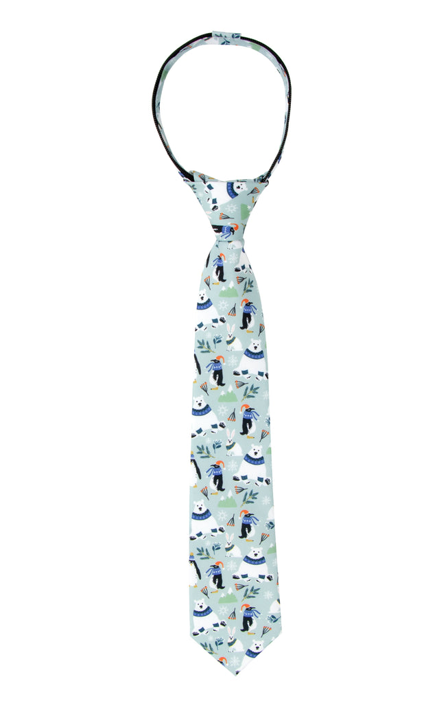 Boys' Printed Christmas Theme Pre-Tied Zipper Tie, Polar Bear