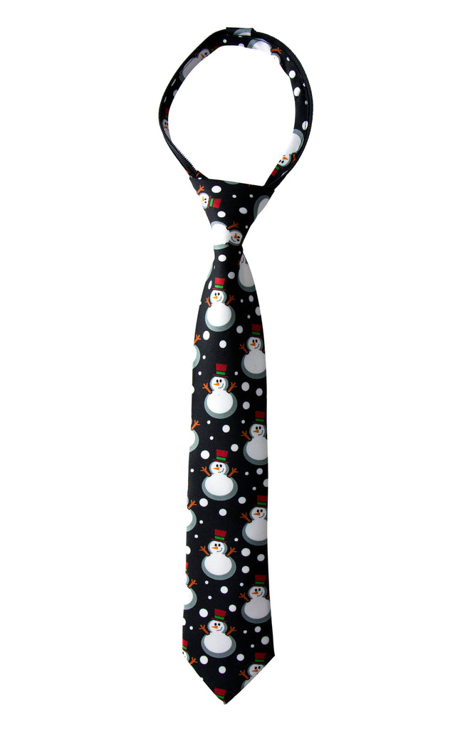Boys' Printed Christmas Theme Pre-Tied Zipper Tie, Black Snowman