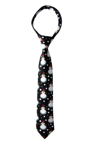 Boys' Printed Christmas Theme Pre-Tied Zipper Tie, Black Snowman