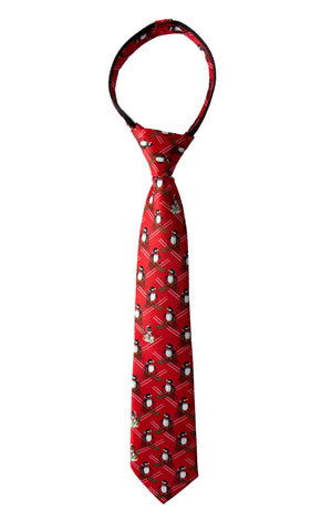Boys' Printed Christmas Theme Pre-Tied Zipper Tie, Red Penguins