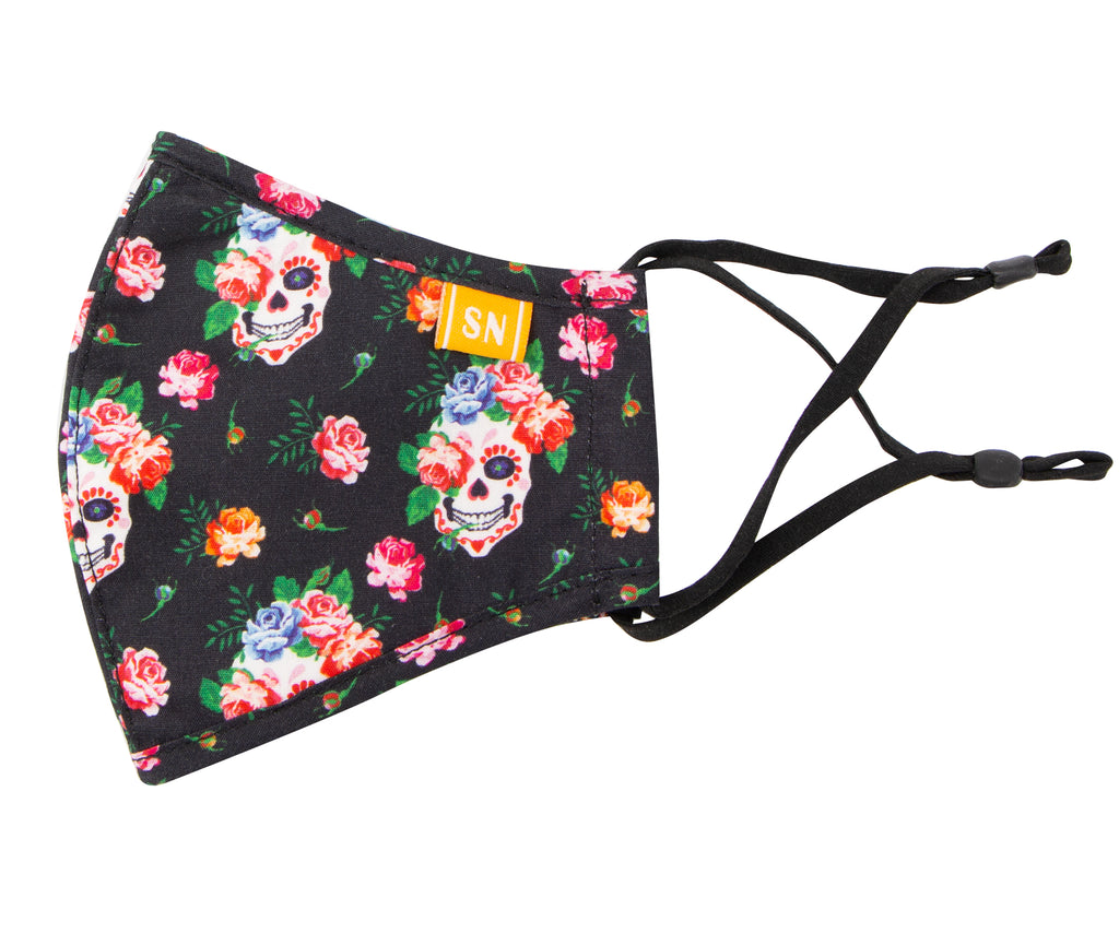 Reusable Washable Halloween Day of the Dead Cotton Cloth Face Mask for Adults and Kids, Day of the Dead Skulls & Flowers