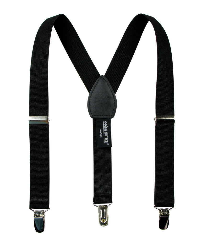 boys' black elastic stretch suspenders with geniune leather crosspatch and polished metal clips