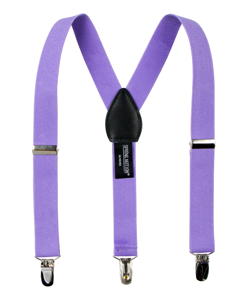 boys' lavender purple elastic stretch suspenders with geniune leather crosspatch and polished metal clips