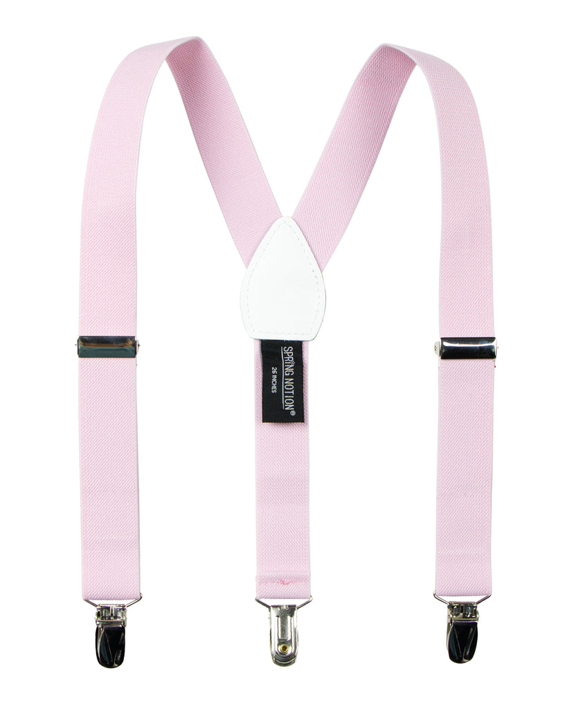 boys' light pink elastic stretch suspenders with geniune leather crosspatch and polished metal clips