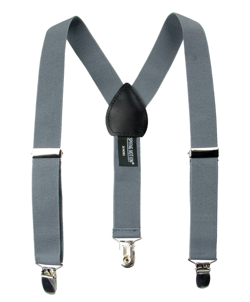 boys' medium grey gray elastic stretch suspenders with geniune leather crosspatch and polished metal clips