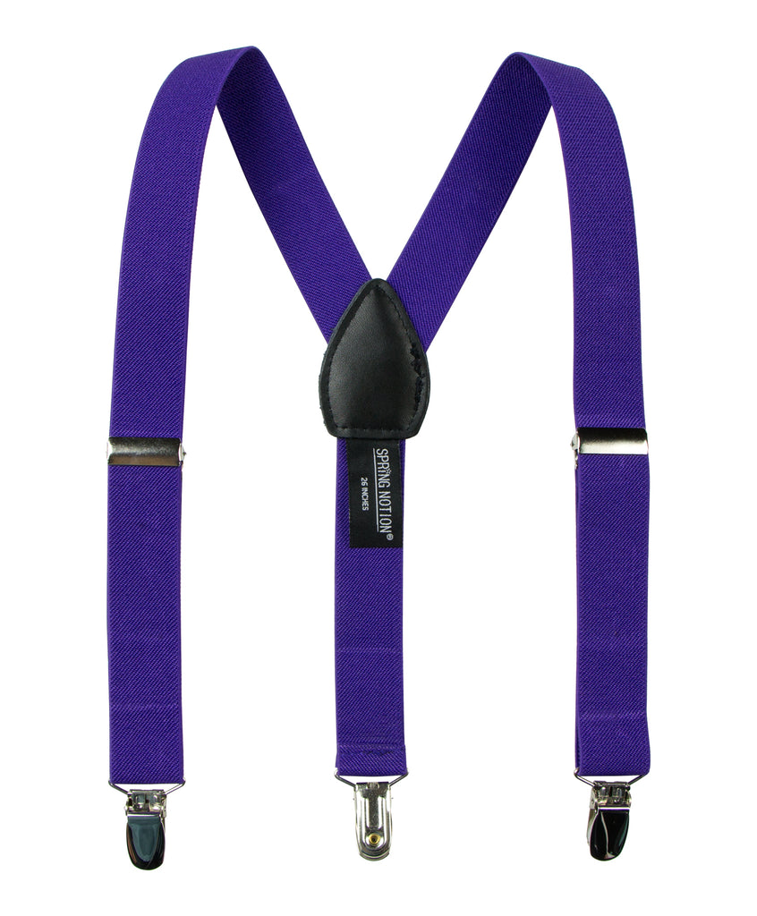 boys' purple elastic stretch suspenders with geniune leather crosspatch and polished metal clips