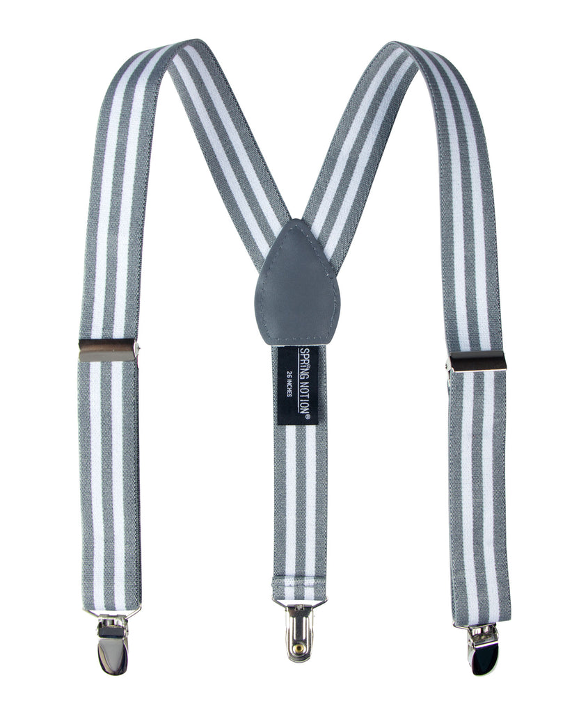 boys' grey gray white stripes elastic stretch suspenders with geniune leather crosspatch and polished metal clips