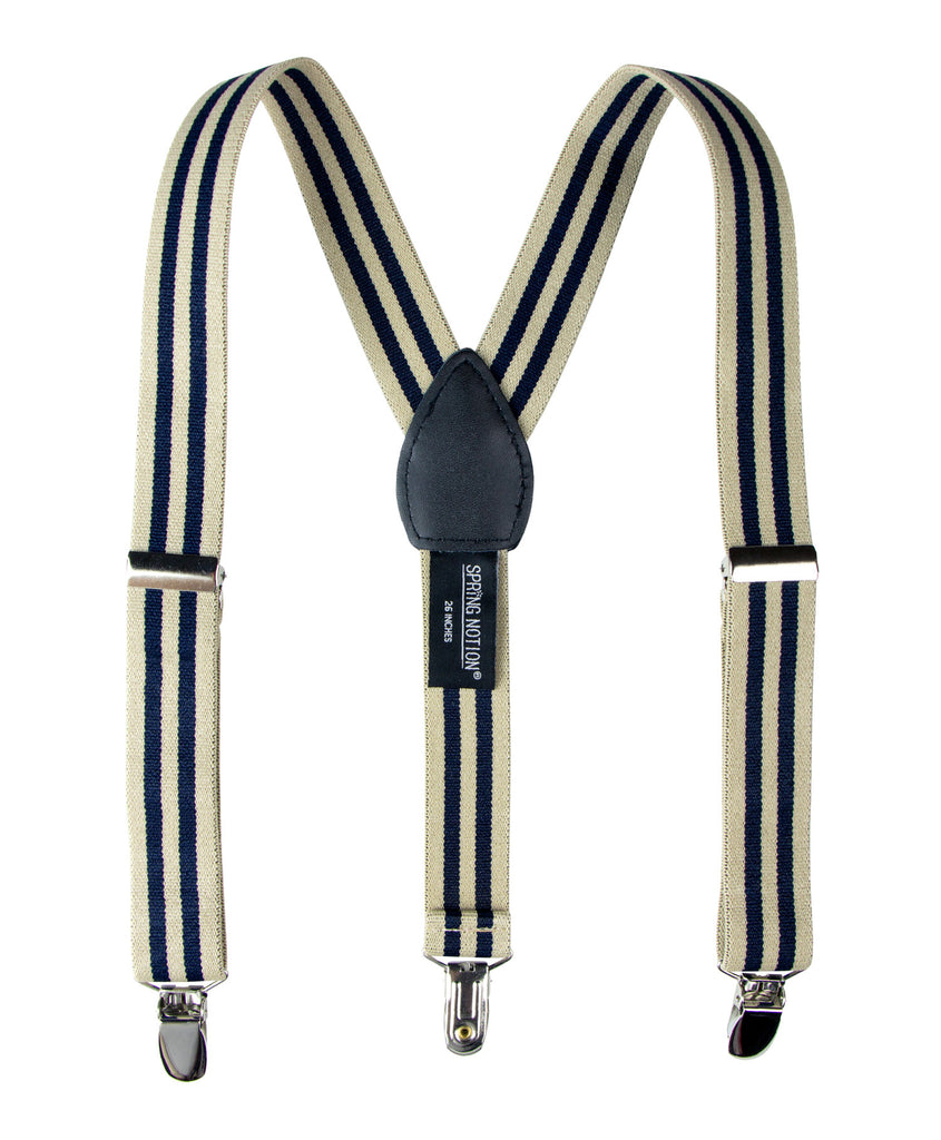 boys' tan navy blue stripes elastic stretch suspenders with geniune leather crosspatch and polished metal clips