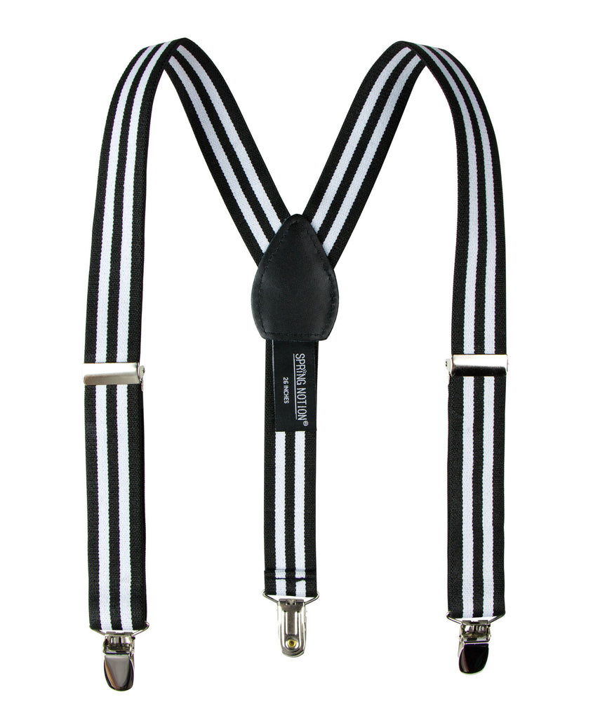 boys' white black stripes elastic stretch suspenders with geniune leather crosspatch and polished metal clips