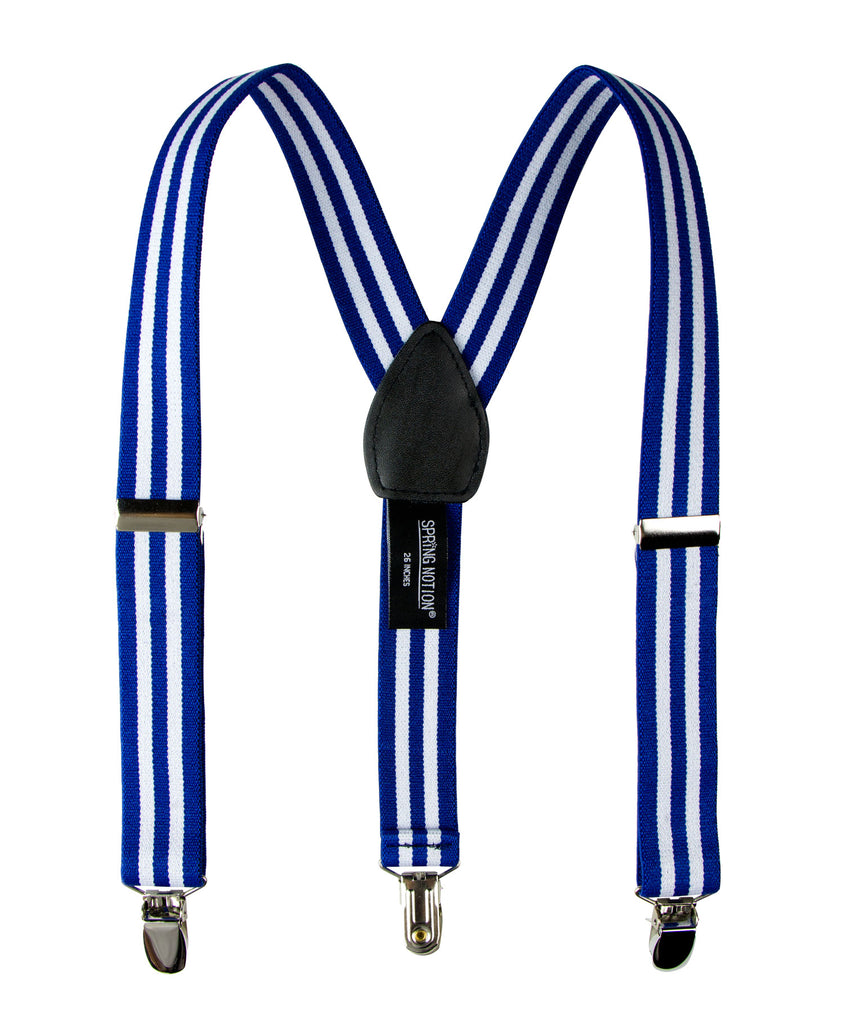 boys' white blue stripes elastic stretch suspenders with geniune leather crosspatch and polished metal clips