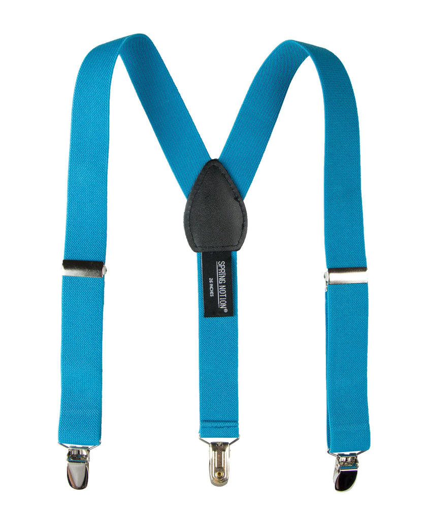 boys' turquoise blue green elastic stretch suspenders with geniune leather crosspatch and polished metal clips