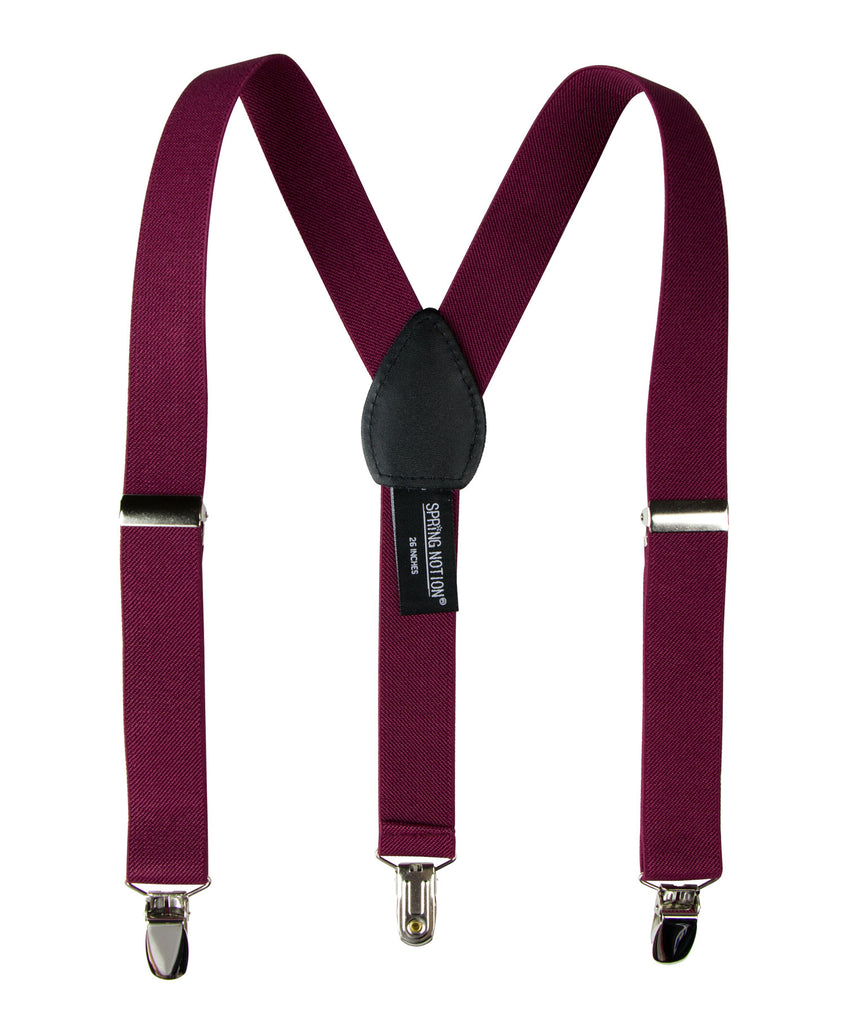 boys' burgundy wine elastic stretch suspenders with geniune leather crosspatch and polished metal clips