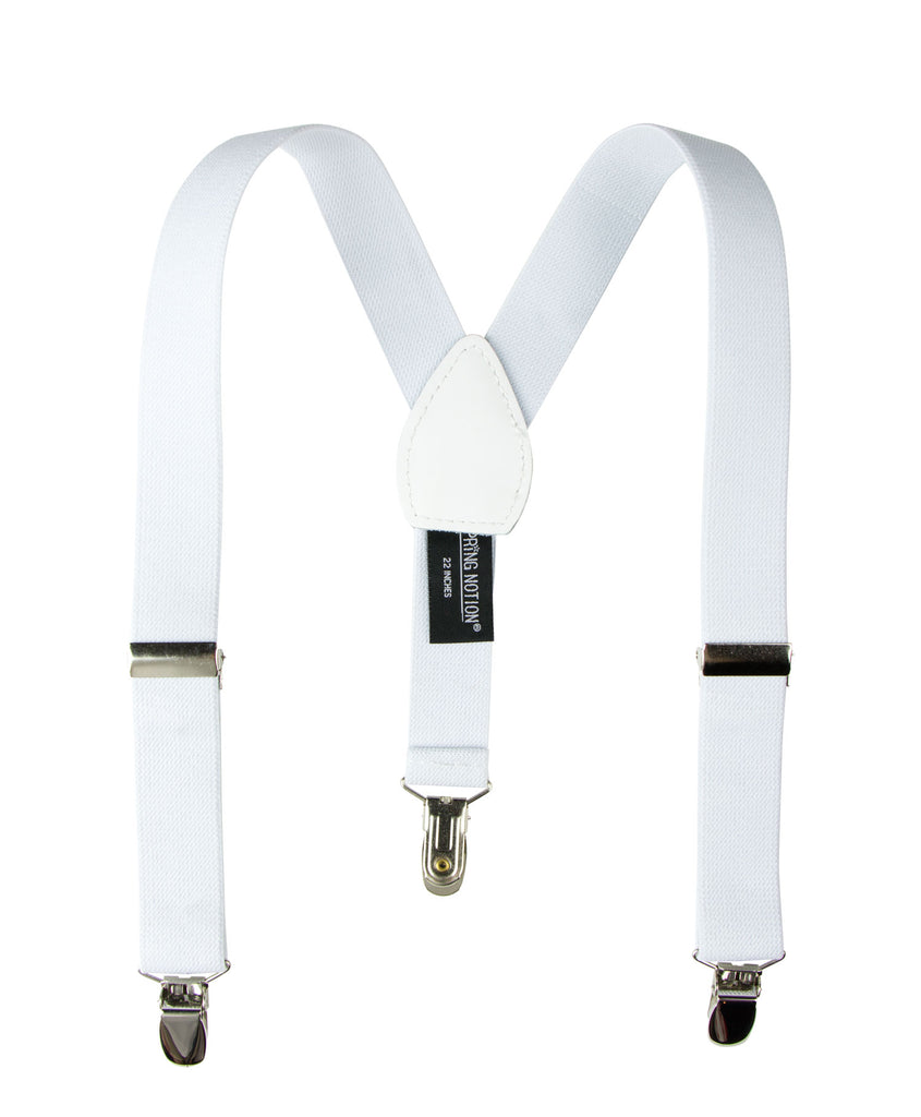boys' white elastic stretch suspenders with geniune leather crosspatch and polished metal clips