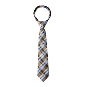 boys' brown tartan plaid patterned woven zipper necktie tie