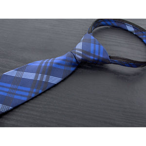 boys' navy blue plaid patterned woven zipper necktie tie