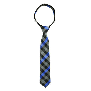 boys' black grey gray blue checkers tartan plaid patterned woven zipper necktie tie