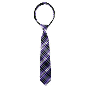 boys' purple black white stripes checkers plaid tartan patterned woven zipper necktie tie