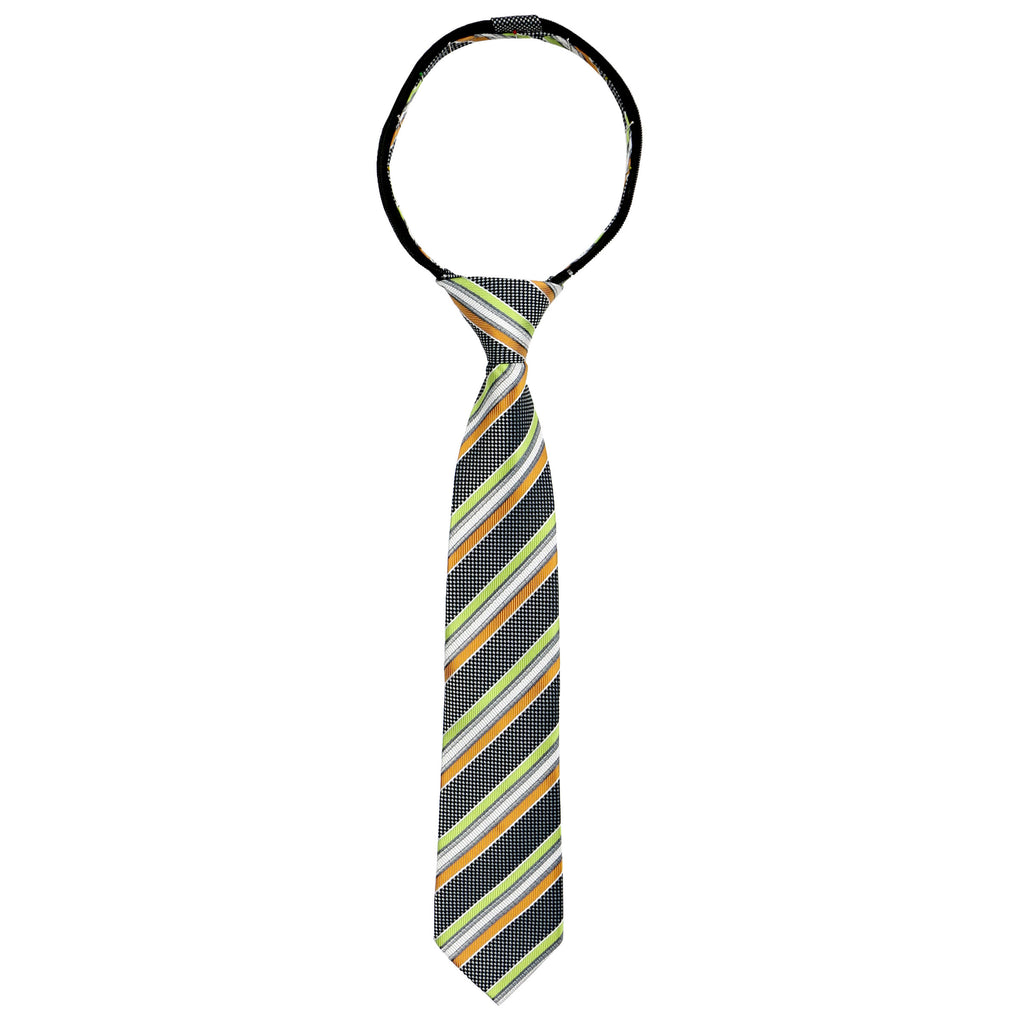 boys' black orange lime green white stripes patterned woven zipper necktie tie