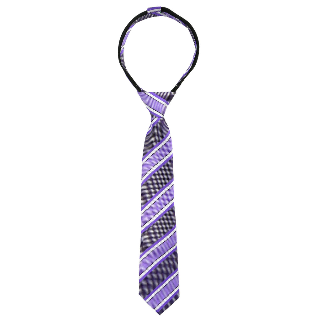 boys' purple black white lavender stripes patterned woven zipper necktie tie