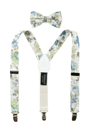 Boys' Floral Cotton Suspenders and Bow Tie Set, Sage Yellow (Color F24)