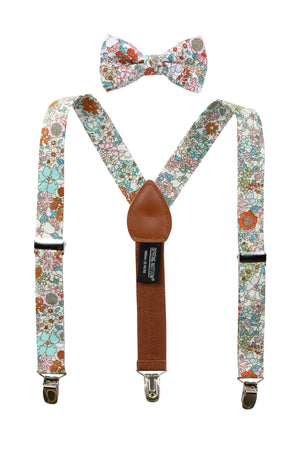 Boys' Floral Cotton Suspenders and Bow Tie Set, Blue Pink Sage (Color F27)