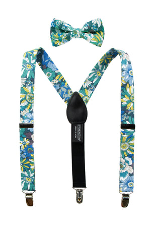 Boys' Floral Cotton Suspenders and Bow Tie Set, Blue (Color F31)