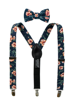 Boys' Floral Cotton Suspenders and Bow Tie Set, Navy Orange (Color F35)