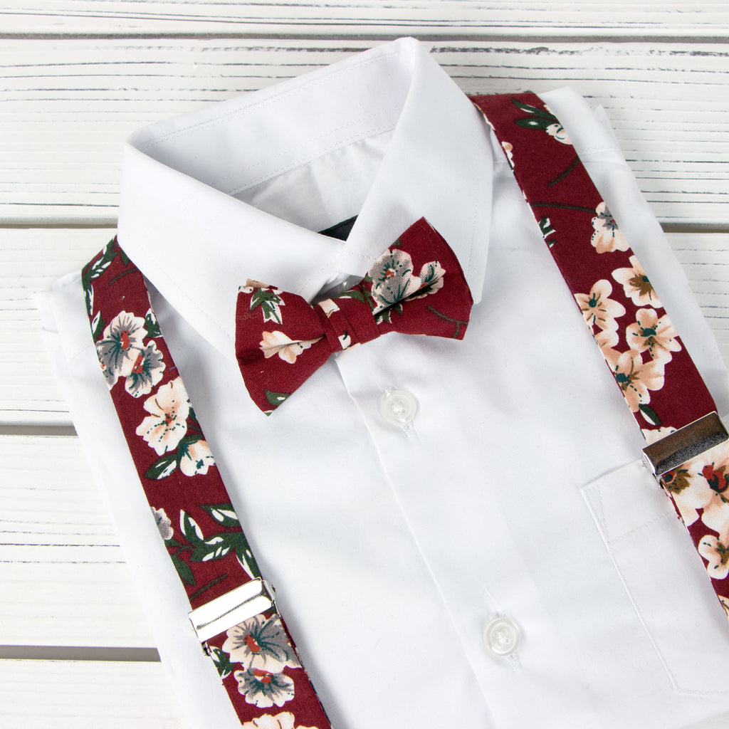Boys' Floral Cotton Suspenders and Bow Tie Set, Burgundy (Color F37)