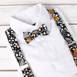 Boys' Floral Cotton Suspenders and Bow Tie Set, Black Mustard (Color F41)