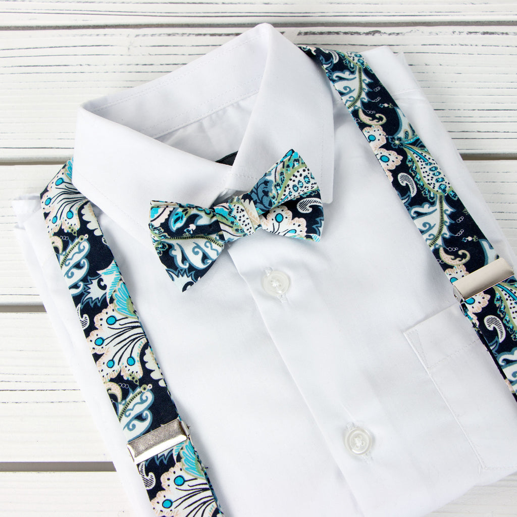 Boys' Floral Cotton Suspenders and Bow Tie Set, Marine (Color F50)